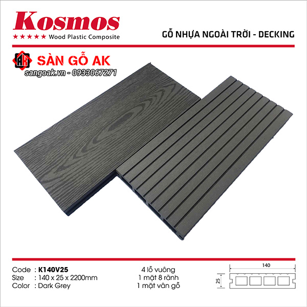 Sàn gỗ nhựa ngoài trời Kosmos lỗ vuông K140V25X2.2M Dark Grey